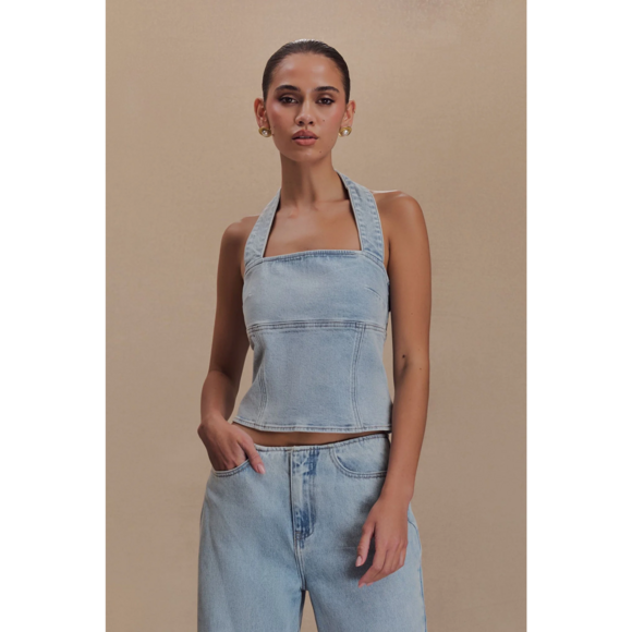 Meshki Tops - Meshki Dayna Denim Halter Top - Light Blue